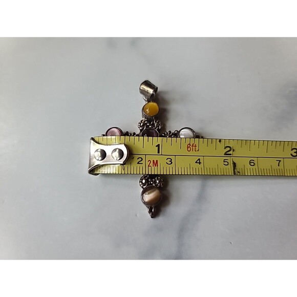 925 Sterling Silver Cat's Eye Cross Pendant Vintage Mexico - Picture 10 of 10
